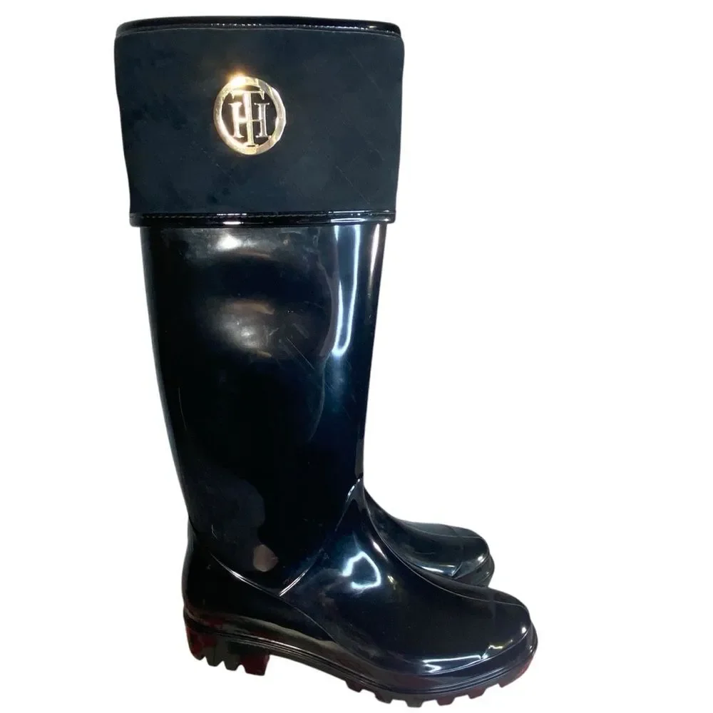 Tommy Hilfiger Rubber Rain Boots Knee High Black Boots Suede Cuff Gold Logo SZ 7